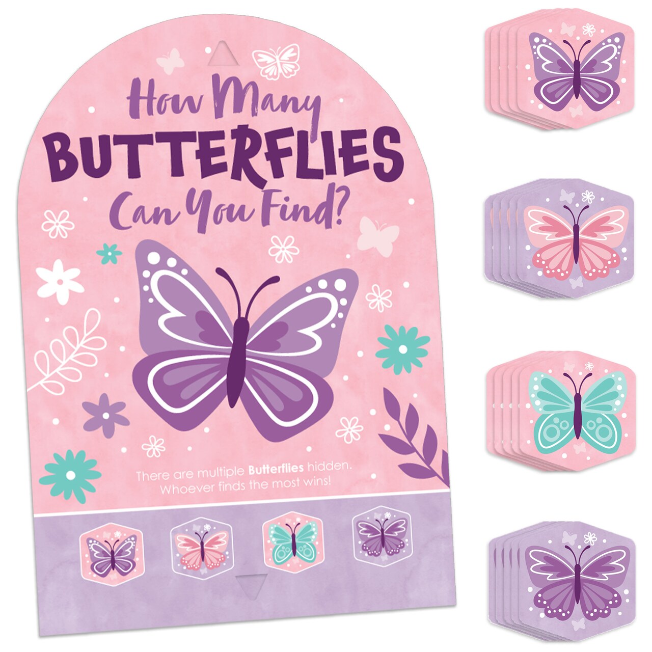 Big Dot of Happiness Beautiful Butterfly - Floral Baby Shower or Birthday Party Scavenger Hunt - 1 Stand and 48 Game Pieces - Hide and Find Game